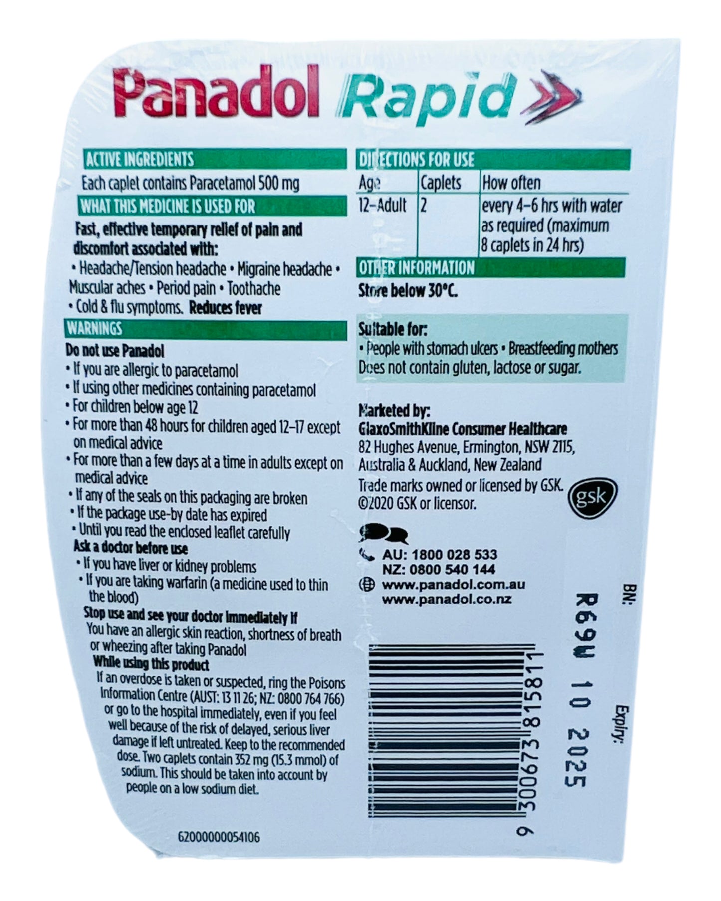 Panadol Rapid Paracetamol 500mg Fast Pain Relief 10 Pack